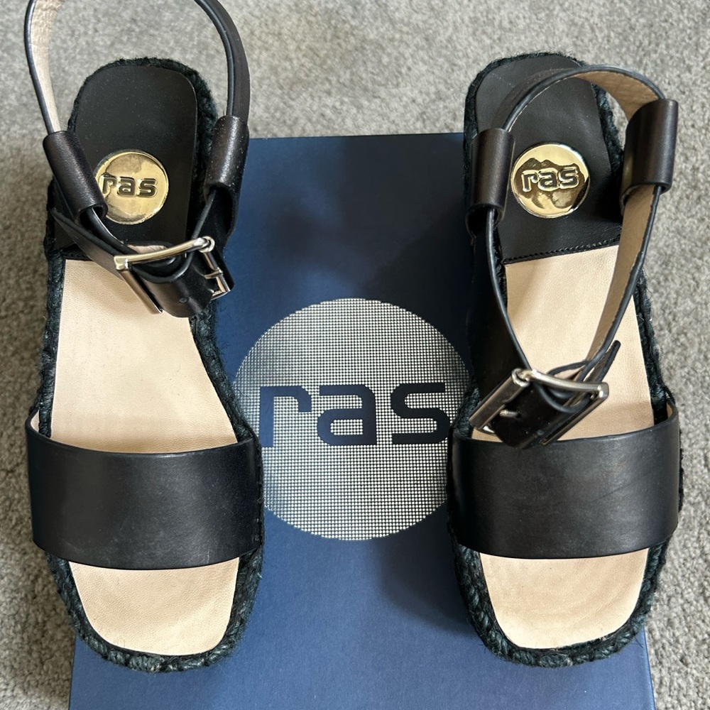RAS Brand New, black espadrille wedges, size 6.